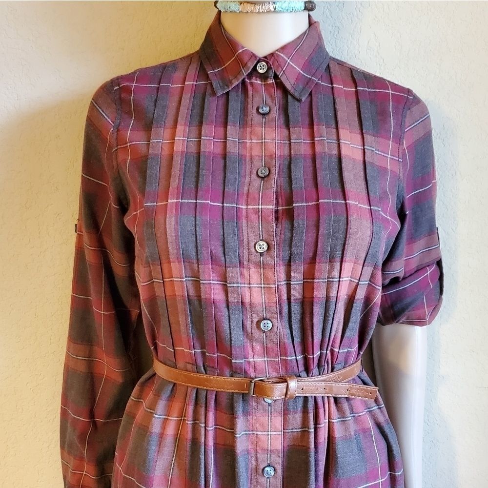 Vtg Women's Belted Long-Sleeve Plaid Shirt dress - Picture 3 of 12